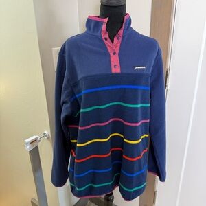 Lands' End Heritage Fleece Quarter Snap Pullover Sweatshirt Navy Rainbow Stripe
